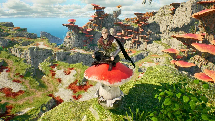 A rider on a giant red mushroom mount on a cliff in AION 2