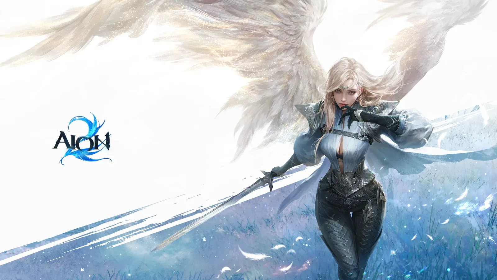 A winged angel character with a sword in white AION 2 key art