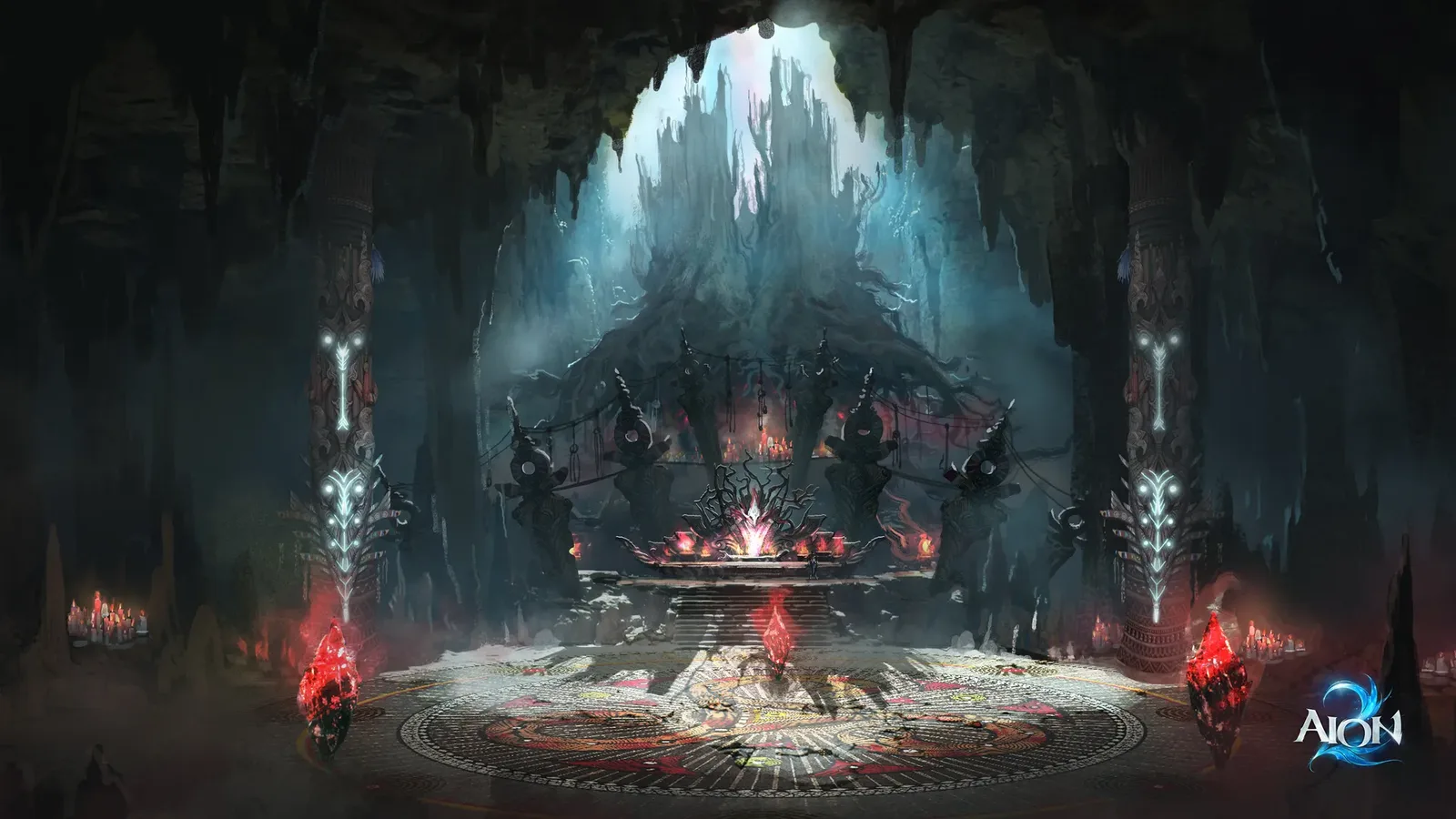 A dark cavern arena with red lights in AION 2 key art