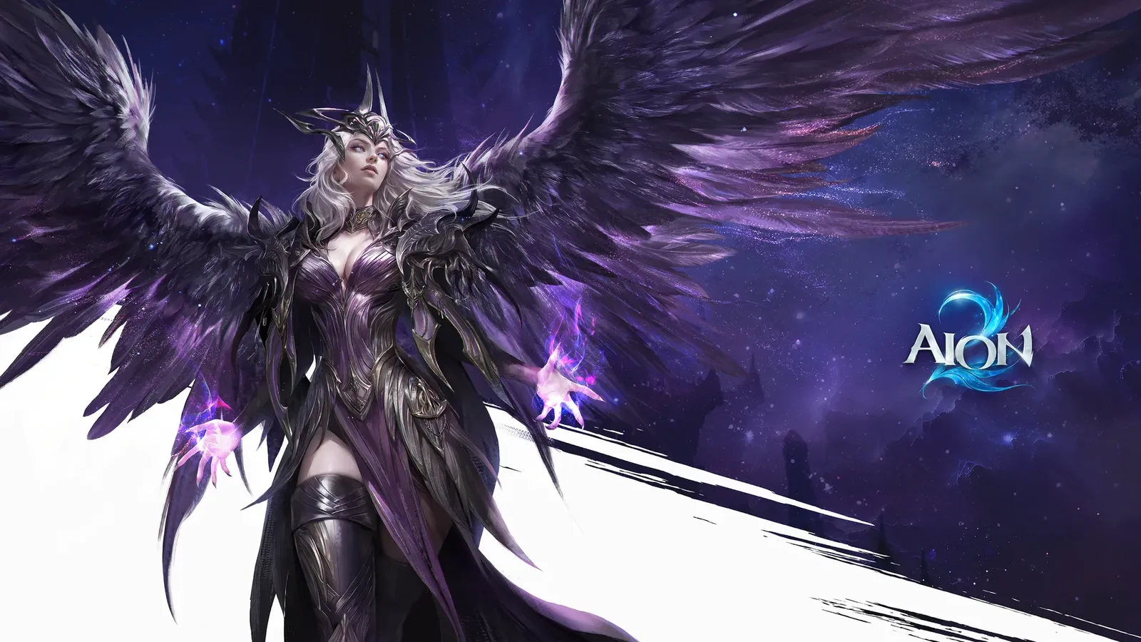 A dark-winged character in purple AION 2 key art