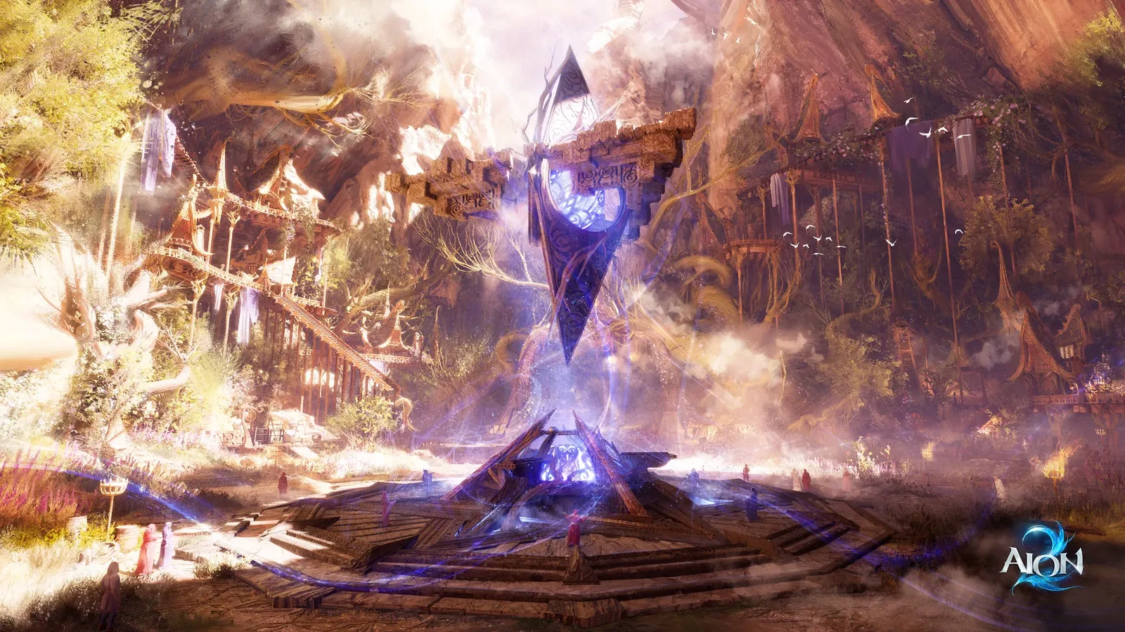 A glowing crystal spire above an ancient platform in AION 2 key art