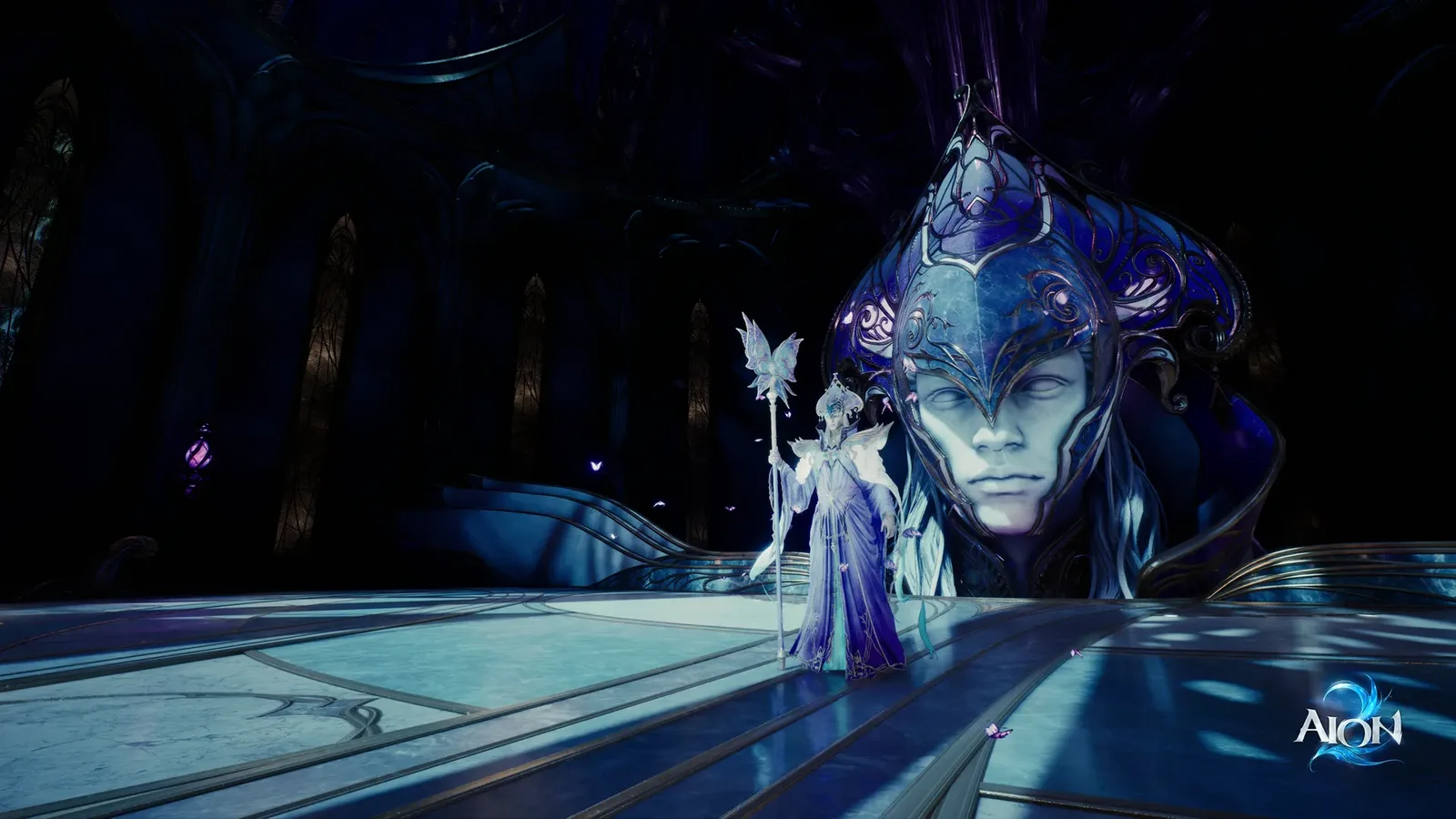 A masked figure in a glowing blue hall in AION 2 key art