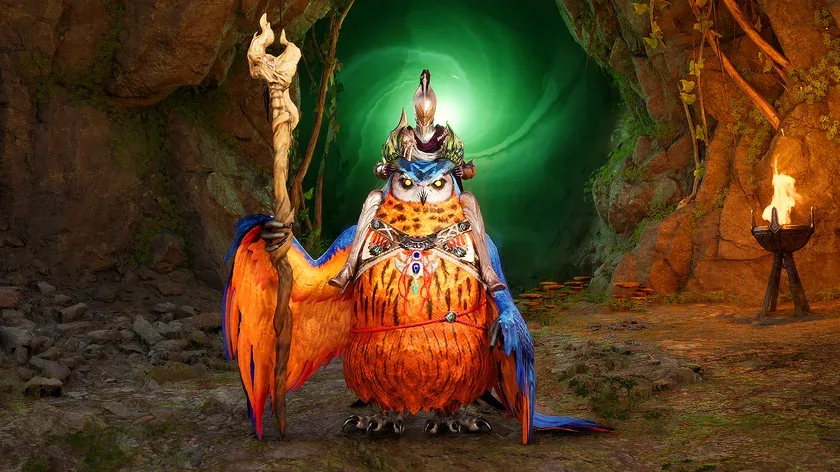 A rider on an orange owl-like mount in a green-lit cave in AION 2