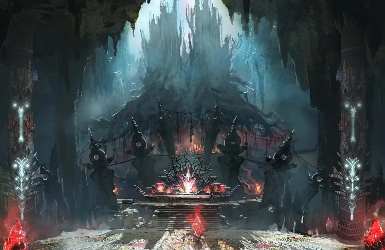 A cavern arena with red lights in AION 2 key art, cropped