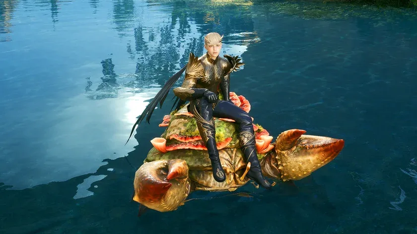 A rider on a crab-shaped mount crossing blue water in AION 2