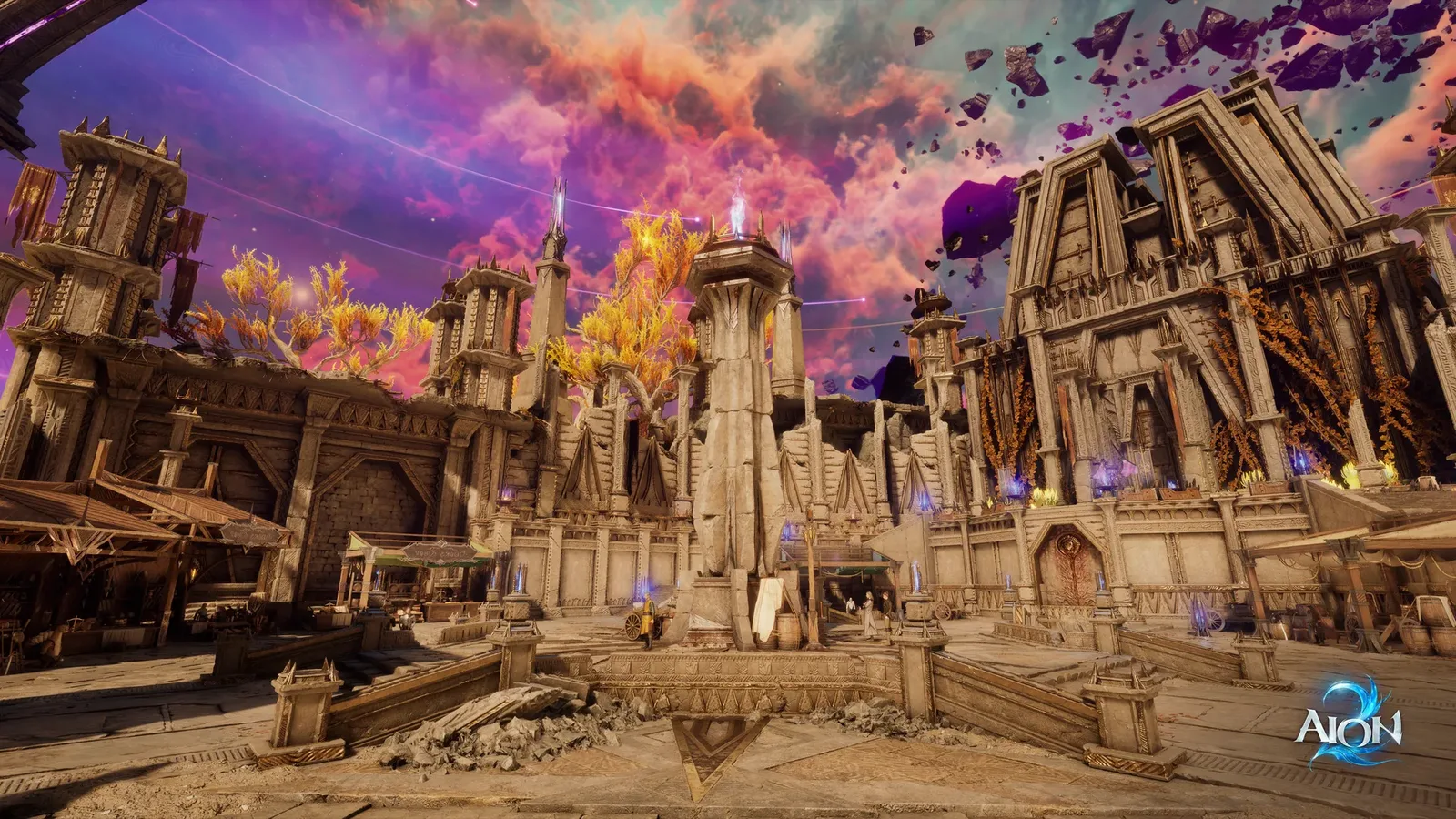 A ruined city under a purple sky in AION 2 key art