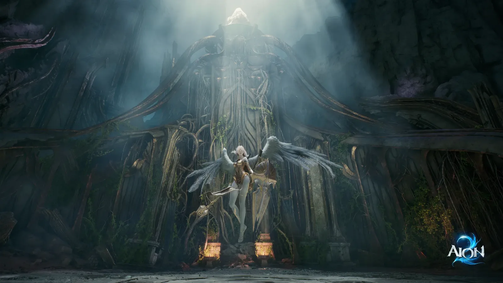 A winged figure beneath a beam of light in a misty ruin in AION 2 key art